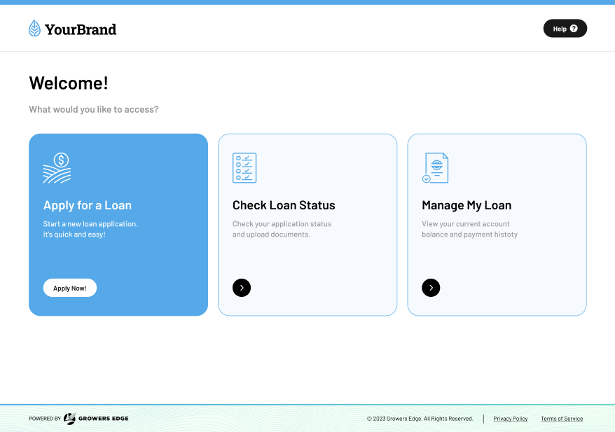 Screenshot of Growers Edge's input financing dashboard. The screen reads "YourBrand" at the top, then "Welcome!" Three clickable boxes read "apply for a loan," "check loan status," and "manage my loan."