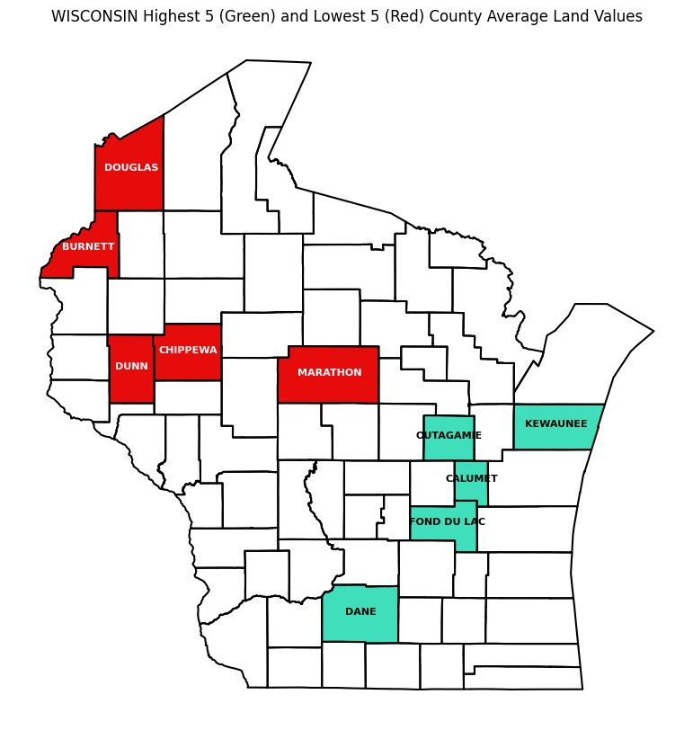 Map of Wisconsin with counties outlined. Five counties are colored in red; these are the counties with the lowest average farmland value in Q1 2025. Five are colored in green; these are the counties with the highest farmland value in Q1 2025. See table for county names and values.