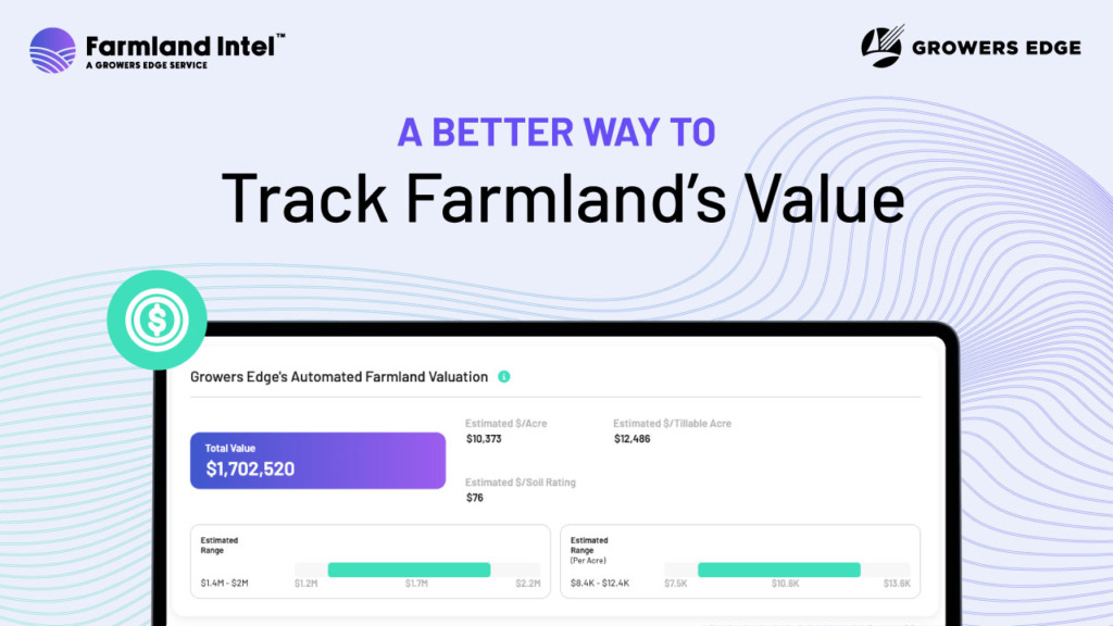 Light purple background with text that reads "A better way to track farmland's value" and a screenshot of the Farmland Intel land valuation report