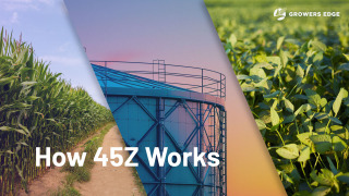 Three-part image: corn field, refinery, soy field. The words "How 45Z Works" are in the lower left-hand corner