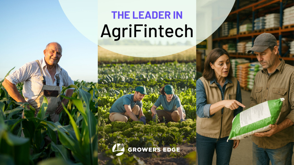 Three panels show a white man with his hands on his hips in a field of corn, two white people, kneeling in a field, and two people standing in an ag retail store, pointing at a bag. The text reads "The Leader in AgriFintech"