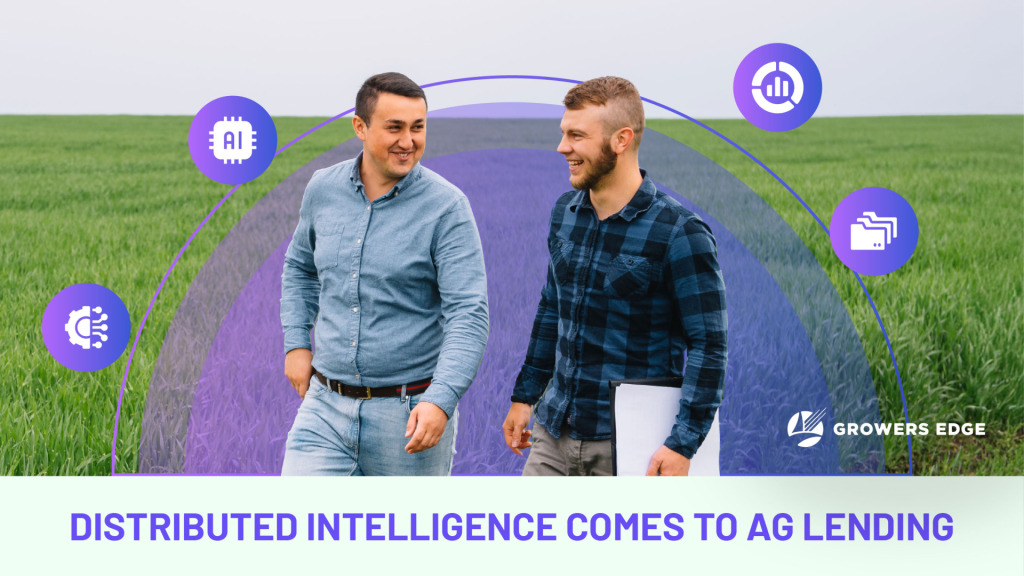 Two white men walk and talk in a field. Around them are icons representing data, AI charts, and files.