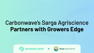 Gradient light-blue background with text overlaid. Text reads "Carbonwave's Sarga Agriscience Partners with Growers Edge"